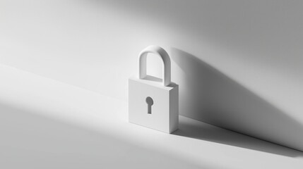 Minimalist white padlock casting shadow on clean blank surface, symbolizing security, privacy, and protection in a modern setting