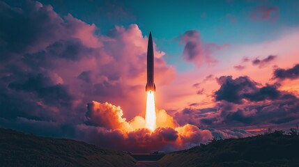 Majestic rocket launch soaring through vibrant sunset sky with billowing clouds and fiery exhaust against a dramatic landscape backdrop