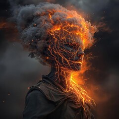 Abstract Black Woman With Volcano Head, Anger, Rage, Destructive Nature, Turmoil, Fiery, Stress