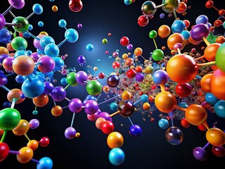 Abstract Representation of Vibrant Molecules Floating Against a Black Background, Creating a Striking Dynamic Visual Effect for Science and Art Themes
