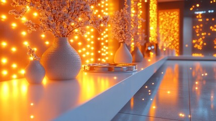 Elegant vases with flowers and warm lighting.