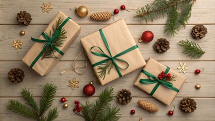 Obraz premium Elegant Christmas Flat Lay Kraft-Wrapped Gifts with Pine Accents, and Festive Ornaments on a Rustic Wooden Table V10