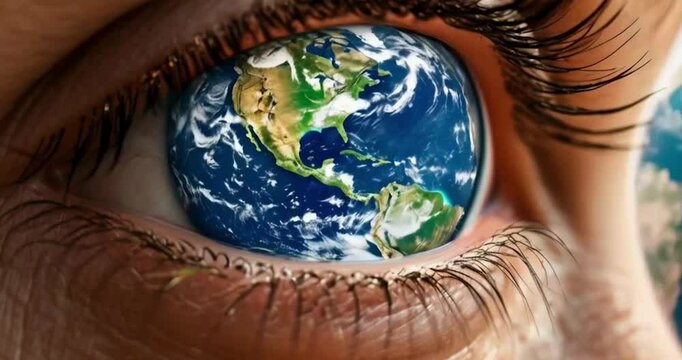 Global Vision, Transforming the Earth into the pupil of an eye generated by AI.