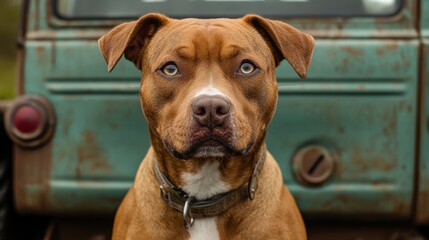 Brown pitbull dog sitting in front of old truck, serious expression, vintage vehicle background, close-up, loyal pet, outdoors, rustic, strong features, dog portrait