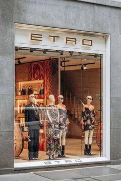 Milan, Italy - August 20, 2024: Etro storefront on the famous shopping street Montenapoleone in Milan