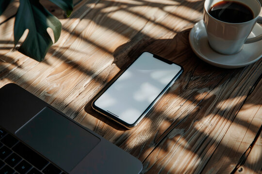 A smartphone with an empty display sits on a wooden table, accompanied by a cup of coffee and a partially obscured laptop, creating a cozy workspace atmosphere - Powered by Adobe