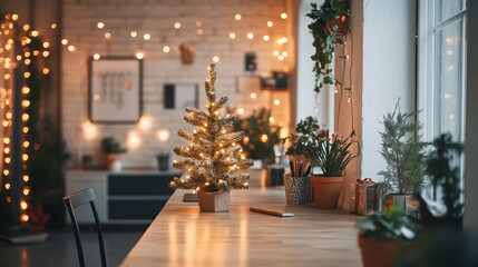 A modern office decorated for Christmas with a small tree