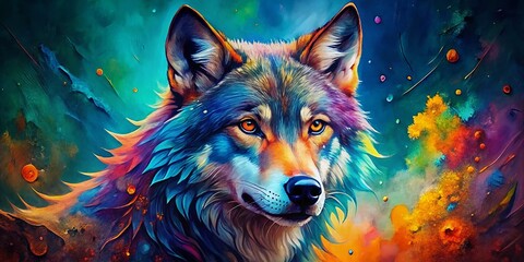 Abstract Watercolored Wolf Head in Macro Photography Style Capturing Vivid Colors and Intricate Details for Nature and Wildlife Enthusiasts