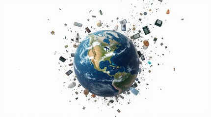 Planet Earth splashing a lot of garbage isolated on a white background