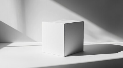 Fototapeta premium A simple white cube-shaped box with sharp edges, casting soft shadows on a clean white surface