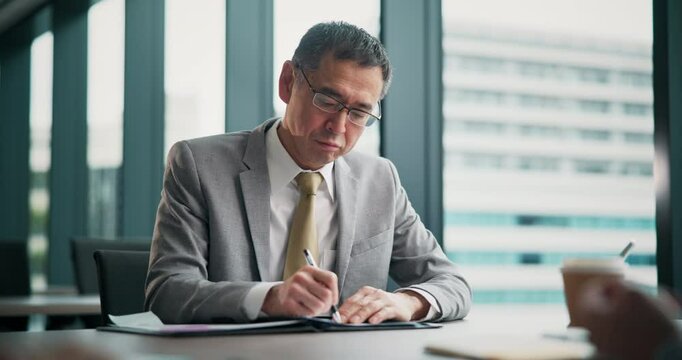 Mature businessman, sign paperwork and contract for filling application form or financial agreement in Japan. Pen, document and writing signature for investment deal, terms and conditions in office