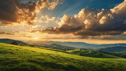 Fototapeta premium Golden Hour Majestic Tree, Rolling Hills, and a Picturesque Farmhouse Bathed in Ethereal Light and Cinematic Composition V7