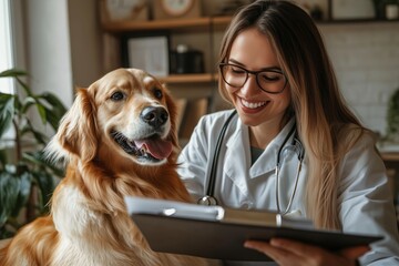 A dedicated and compassionate veterinarian offering specialized care and attention to a beloved Golden Retriever pet, ensuring the health and happiness of furry companions everywhere