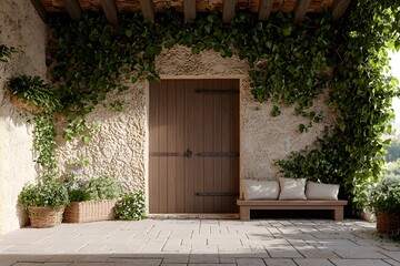 Fototapeta premium Charming South of France Garden with a Bench – Relaxing Outdoor Scene, Lush Greenery, and Tranquil Atmosphere