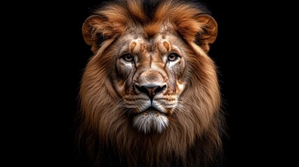 Fototapeta premium Detailed lion portrait against dark background, majestic king of the jungle with intense stare, powerful and wild animal, close-up of lion’s face and mane