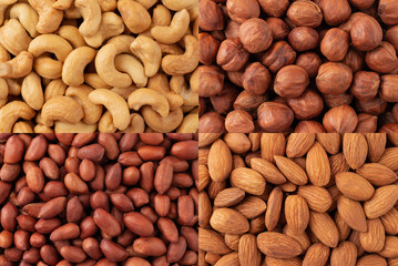 Top view of many different nuts close up. Cashews, hazelnuts, peanuts