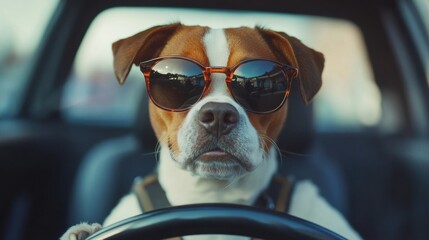 Dog wearing sunglasses in car, funny animal portrait, stylish pet with shades, relaxed and cool dog, summer road trip, outdoor humor, sunlight