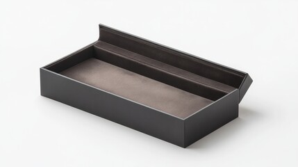 A sleek rectangular luxury box with soft velvet lining, partially open, on a white background