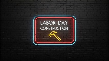 Fototapeta premium Labor Day Sign Hammer Icon, Vibrant Colors, and Retro Typography Glowing Against a Brick Wall in Industrial Nighttime Ambiance V2