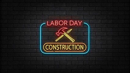 Labor Day Sign Hammer Icon, Vibrant Colors, and Retro Typography Glowing Against a Brick Wall in Industrial Nighttime Ambiance V5