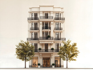 Fototapeta premium Front view of a parisian building with a luxury store on the basement, trees surrounding, in the street, haussmann style