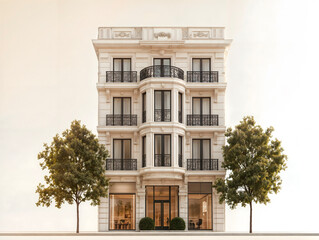 Fototapeta premium Front view of a parisian building with a luxury store on the basement, trees surrounding, in the street, haussmann style