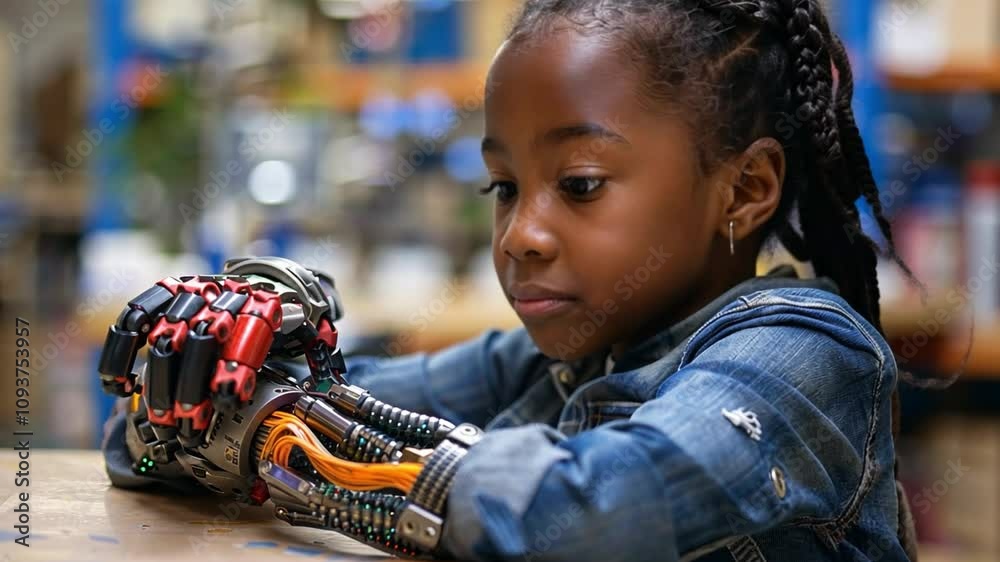 Poster in a well-equipped workshop, a young girl examines a robotic hand equipped with wires and sensors, s