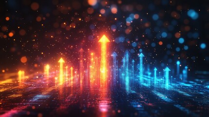 Glowing arrows symbolizing data growth, digital economy, technology finance, economic progress, futuristic financial concept, tech-driven success, data analytics
