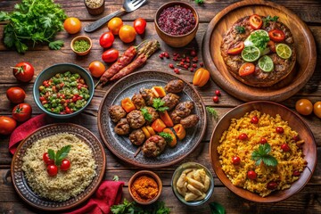 Fototapeta premium A Culinary Journey Through Azerbaijan: Savoring Traditional Dishes and Vibrant Flavors in a Rustic Setting with Rich Textures and Authentic Presentation of Local Cuisine