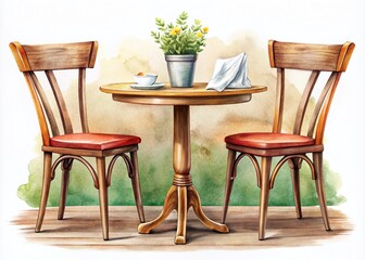 Vintage Cafe Table with Two Wooden Chairs Surrounded by Cozy Interior Design Elements for a Charming Restaurant or Cafe Setting on a Clean White Background