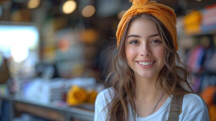 Obraz premium Young Female Saleswoman Providing Excellent Customer Service