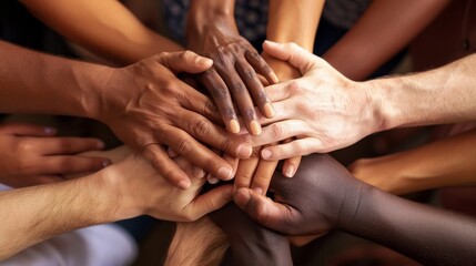 Diverse hands clasped together in unity,Capturing the essence of cooperation and inclusivity