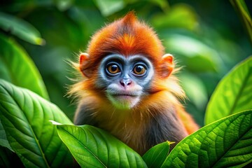 Fototapeta premium Adorable Baby Monkey Langur in Lush Green Jungle Setting, Capturing the Playful Spirit and Innocence of Young Primates, Perfect for Nature Lovers and Wildlife Enthusiasts
