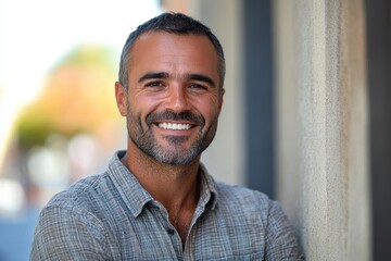 Obraz premium Smiling man in casual attire posing against a textured wall outdoors.