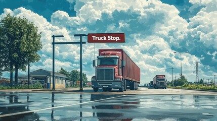 Illustrated truck stop with red semi-truck under blue sky, roadside cartoon, vibrant highway scenery, transportation hub, rest area for truck drivers, vibrant day, bright weather