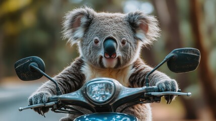 Humorous koala riding a motorcycle, close-up animal on bike, comical wildlife portrait, cute furry creature, joyful nature scene, unique animal transportation concept, funny adventure