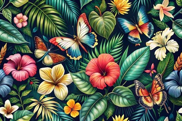 Vintage Hawaiian Style Wallpaper with Hibiscus Flowers, Butterflies, Tropical Leaves, and Beetles in Long Exposure Artistry for Exotic Home Decor