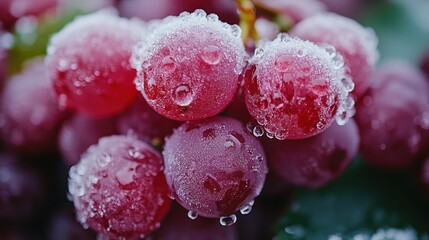 Frozen red grapes covered in frost and water droplets.