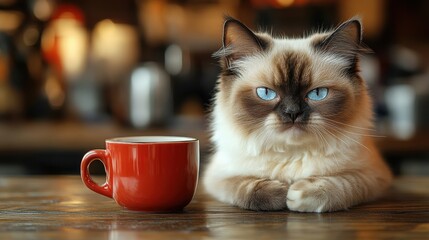 Fluffy cat with intense blue eyes beside red mug, adorable pet in cozy café setting, relaxed feline, cute animal portrait, coffee shop ambiance, relaxed cat, warm colors, companionship