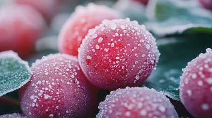 Frozen red berries covered in frost on leaves.