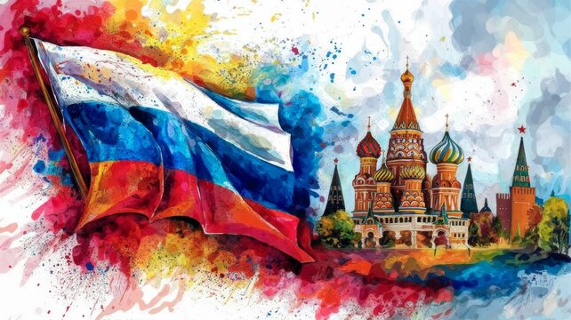 The Russian flag with bright red, white and blue shades. Iconic landmarks such as St. Basil's Cathedral, the Kremlin and the Winter Palace are in the background.