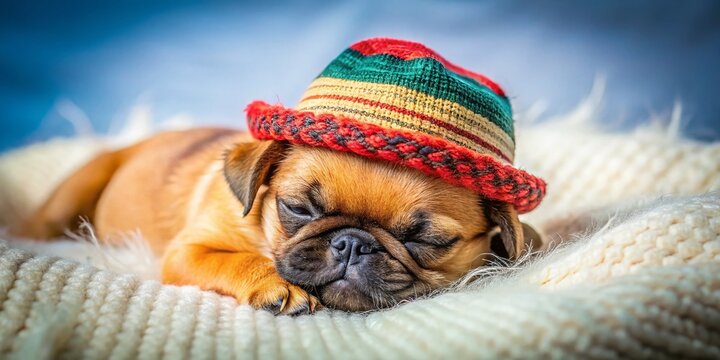 Adorable Griffon Bruxellois Petit Brabanson Puppy Sleeping in Hat on Cozy Blanket - Studio Portrait for Fashion Photography Lovers
