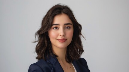 Fototapeta premium A confident woman with wavy dark hair poses for a professional headshot, wearing a navy blazer. The neutral background highlights her approachable demeanor and readiness for career opportunities