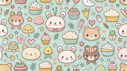 Adorable Kawaii Cartoon Pattern for Baby Shower Cards and Decor, Featuring Whimsical Animals, Sweet Treats, and Playful Designs for a Charming Celebration Theme