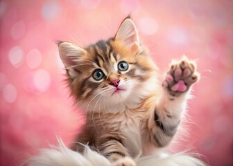 Adorable Kitten Playfully Raising Its Paw Against a Soft Pink Background Captured with the Rule of Thirds for a Whimsical Touch of Feline Charm and Cuteness