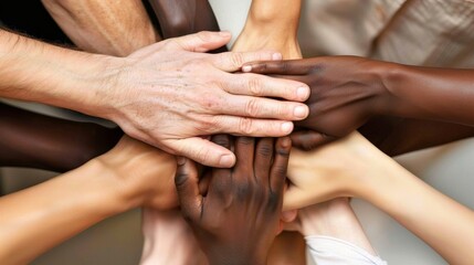 Fototapeta premium Diverse hands clasped together in unity,Capturing the essence of cooperation and inclusivity