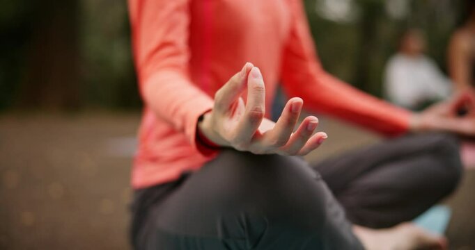 Yoga, meditation mudra and hands in nature to relax, peace and chakra in Japan. Zen, fingers and calm woman with gesture outdoor for spiritual fitness, exercise and easy pose with group for health