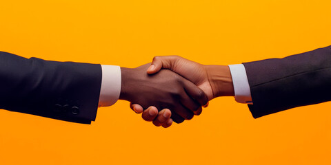 Two men engage in a firm handshake, showcasing a moment of mutual respect and agreement. The striking orange background enhances the significance of their connection