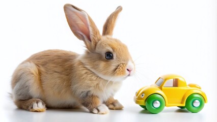 Obraz premium Adorable Rabbit Playing with a Colorful Toy Car on a White Background, Perfectly Framed Using the Rule of Thirds for a Charming and Whimsical Stock Photo
