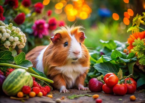 Adorable Redhaired Lunkarya Guinea Pig Enjoying Fresh Vegetables Outdoors in a Lush Green Garden Setting with High Depth of Field for Captivating Pet Photography